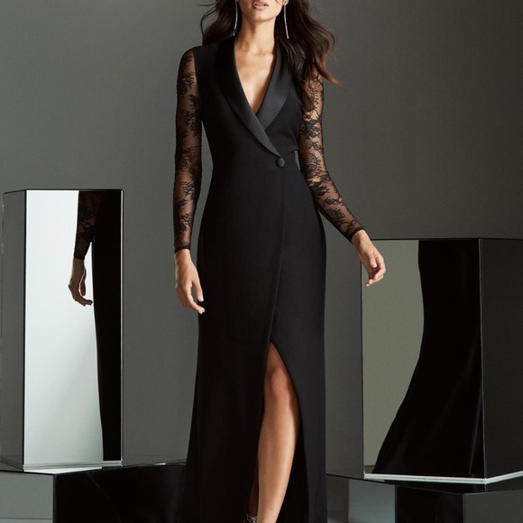 NWT Black Lace V-Cut High Slit Long Party Tux Dress - size 8 - Picture 1 of 3